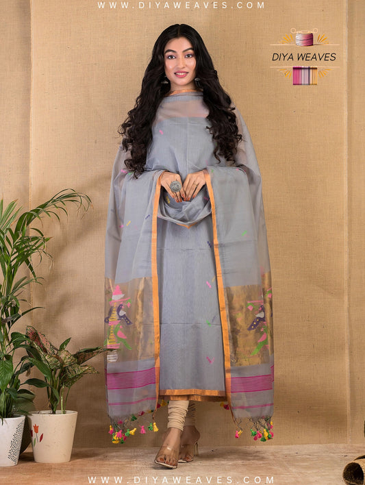Paithani Jamdani Muslin Suit Set (UNSTITCHED ) -  Stylish Gray
