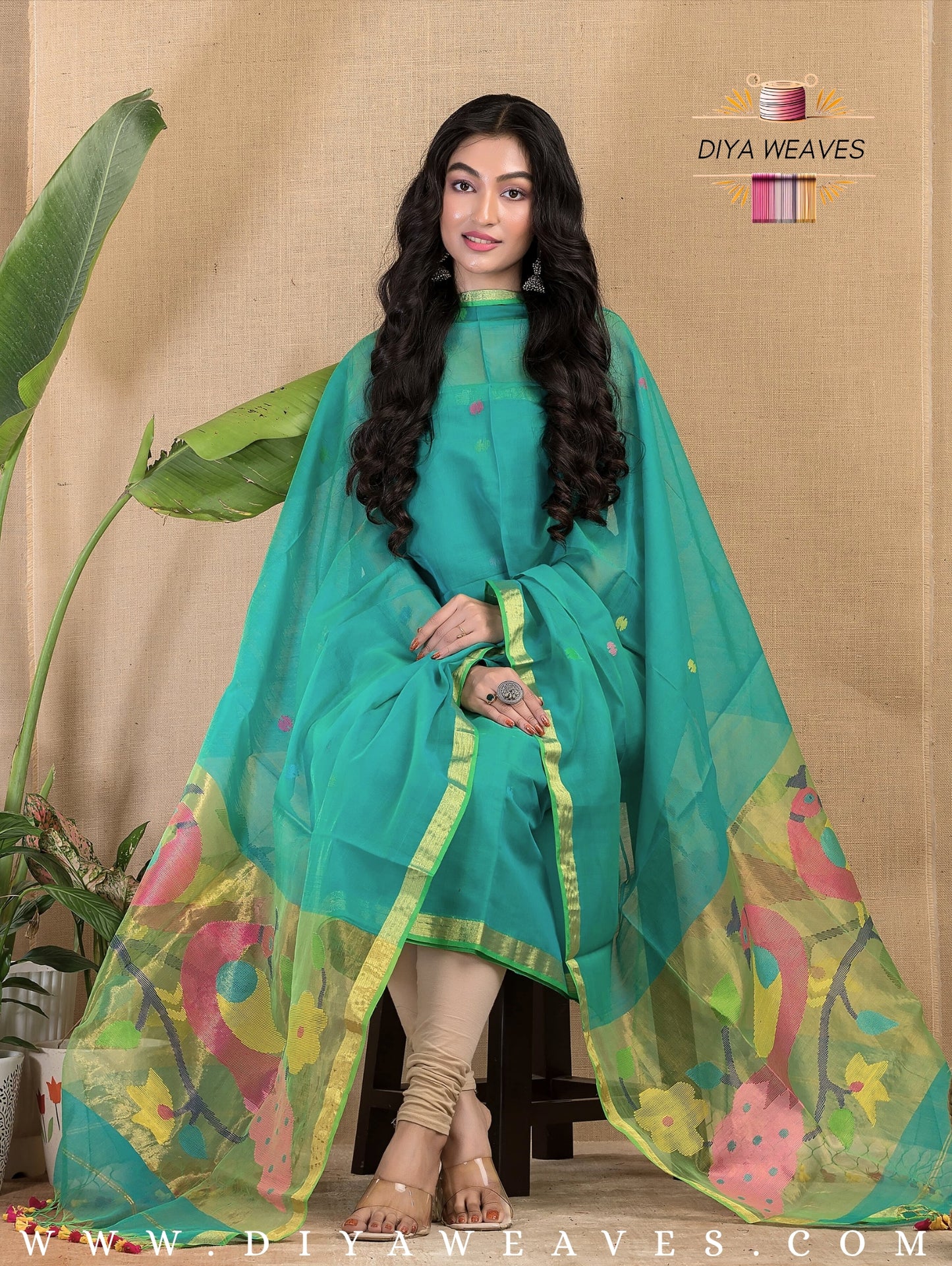 Paithani Jamdani Muslin Suit Set (UNSTITCHED ) - Sea Green