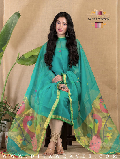 Paithani Jamdani Muslin Suit Set (UNSTITCHED ) - Sea Green