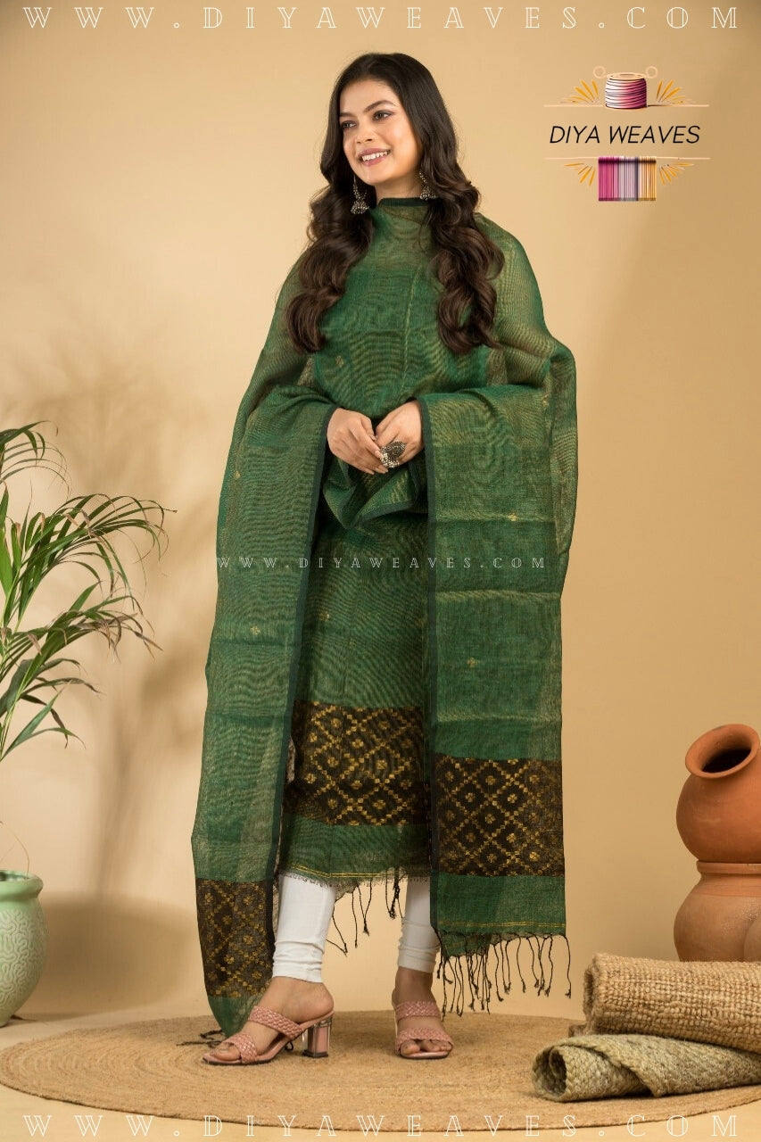 Tissue Lilen Jamdani 2-Pc Suit Set ( UNSTITCHED )- Emarald Green/Black