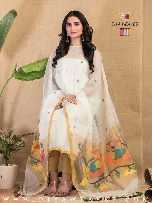 Paithani Jamdani Muslin Suit Set (UNSTITCHED ) - White