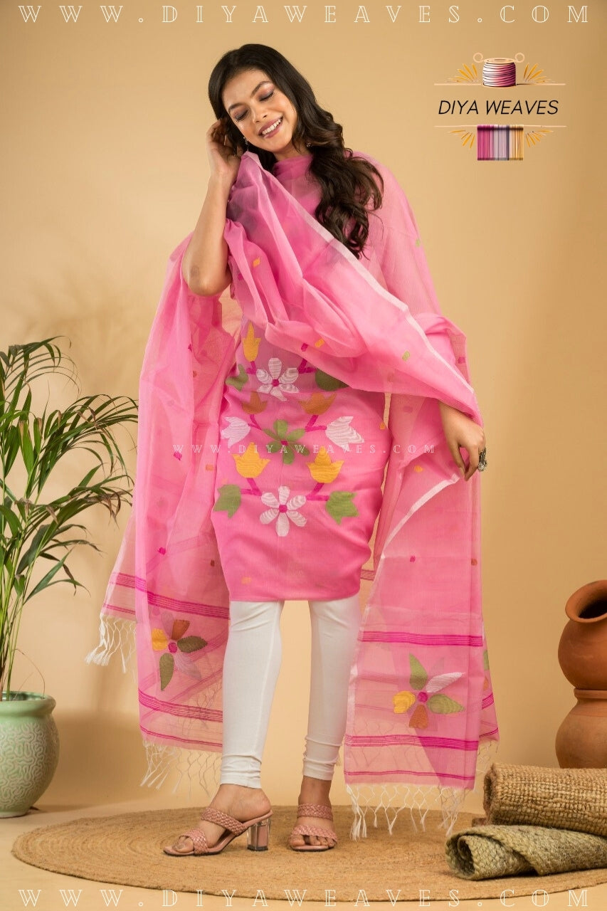 Handwoven Muslin Jamdani Suit Set  Unstitched (2-Piece) - Baby Pink