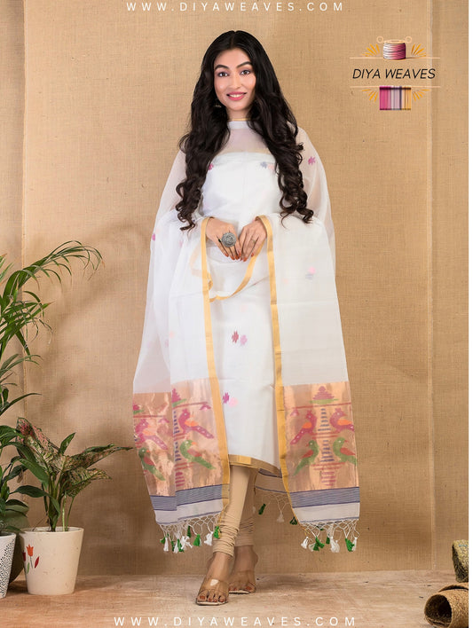 Paithani Jamdani Muslin Suit Set (UNSTITCHED ) - Grateful White