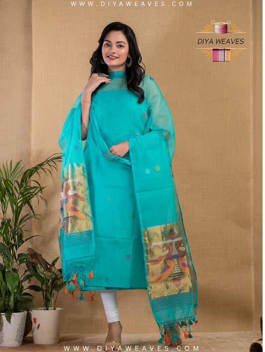 Paithani Jamdani Muslin Suit Set (UNSTITCHED ) - Turquoise Blue