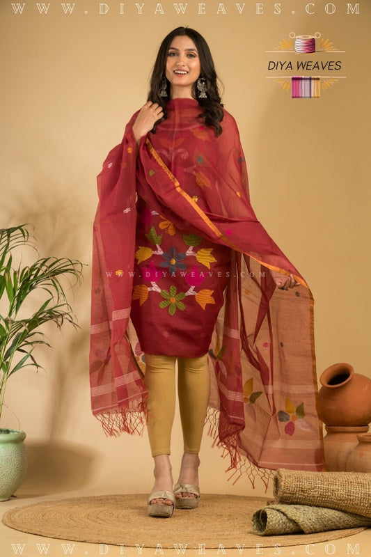 Handwoven Muslin Jamdani Suit Set  Unstitched (2-Piece) - Grateful Marun