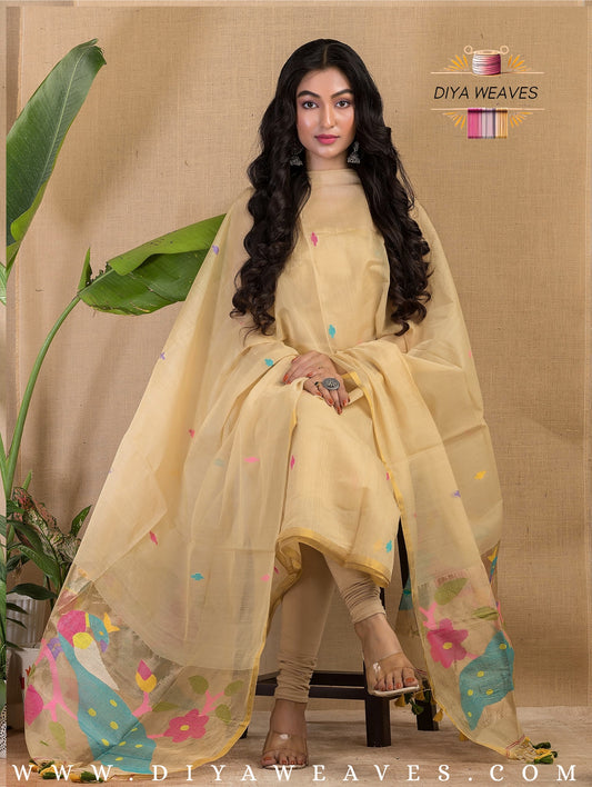 Paithani Jamdani Muslin Suit Set (UNSTITCHED ) - Beige Yellow