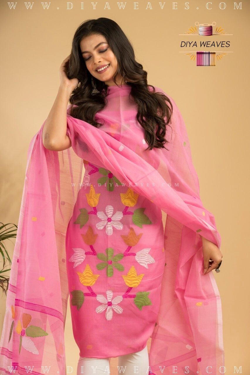 Handwoven Muslin Jamdani Suit Set  Unstitched (2-Piece) - Baby Pink