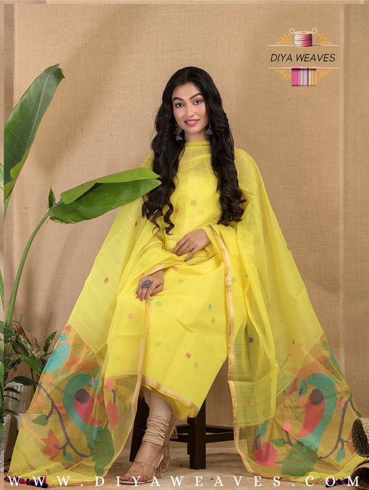 Paithani Jamdani Muslin Suit Set (UNSTITCHED ) - Lemon Yellow