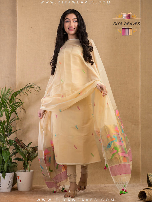 Paithani Jamdani Muslin Suit Set (UNSTITCHED ) - Elegant Crem