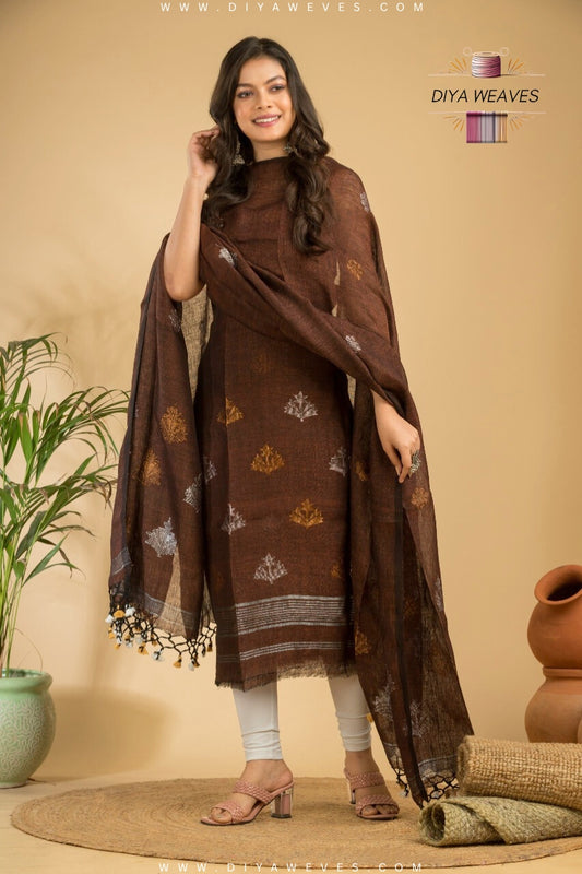 Hand Woven Linen Jamdani Suit 2-PC Set ( UNSTITCHED ) - Coffee Brun