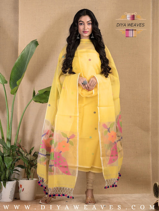 Paithani Jamdani Muslin Suit Set (UNSTITCHED ) - Haldiya