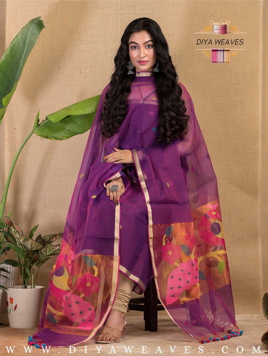 Paithani Jamdani Muslin Suit Set (UNSTITCHED ) - Purple