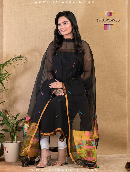Paithani Jamdani Muslin Suit Set (UNSTITCHED ) -  Black