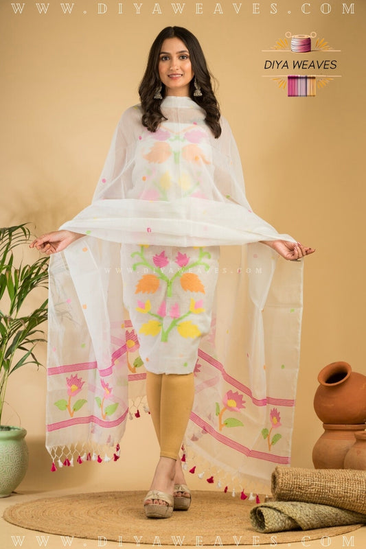 Handwoven Muslin Jamdani Suit Set  Unstitched (2-Piece) - Milly White