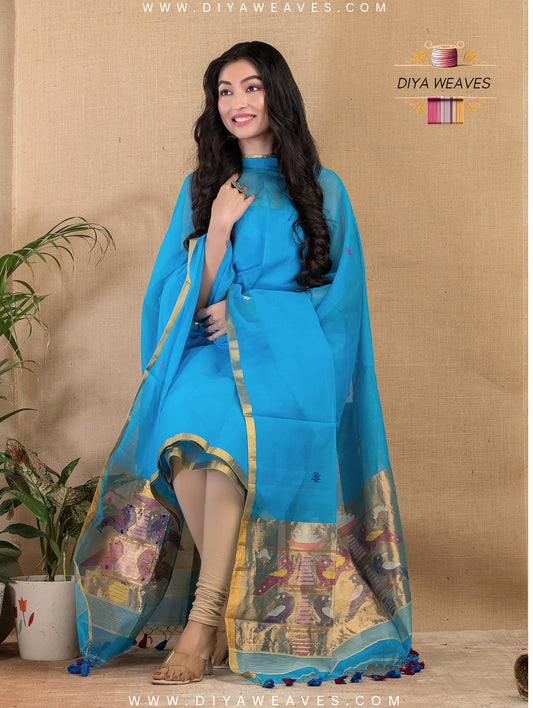Paithani Jamdani Muslin Suit Set (UNSTITCHED ) - Sky Blue