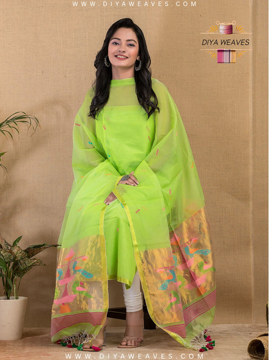 Paithani Jamdani Muslin Suit Set (UNSTITCHED ) - Parot Green