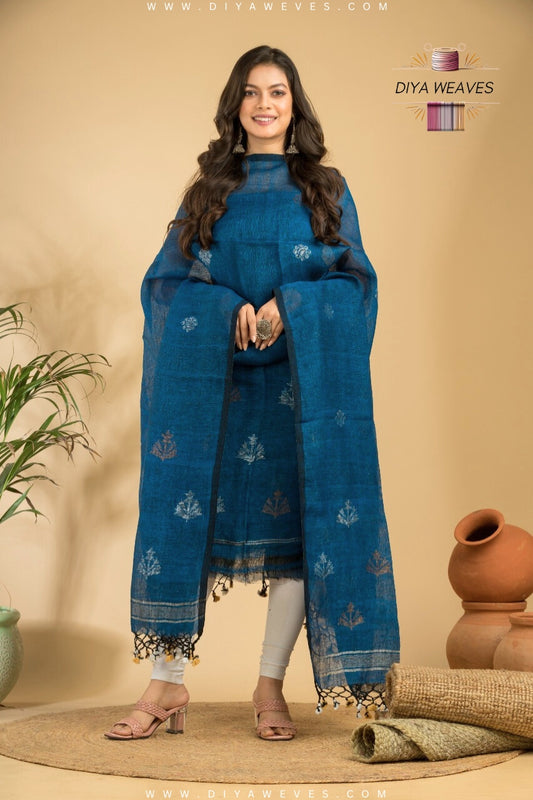 Hand Woven Linen Jamdani Suit 2-PC Set ( UNSTITCHED ) - Aqua Blue