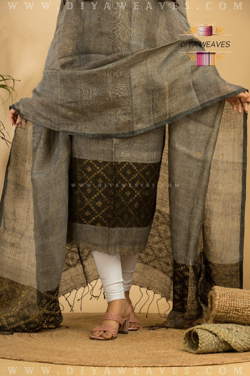 Tissue Lilen Jamdani 2-Pc Suit Set ( UNSTITCHED )- Smokey Grey /Black