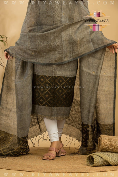 Tissue Lilen Jamdani 2-Pc Suit Set ( UNSTITCHED )- Smokey Grey /Black