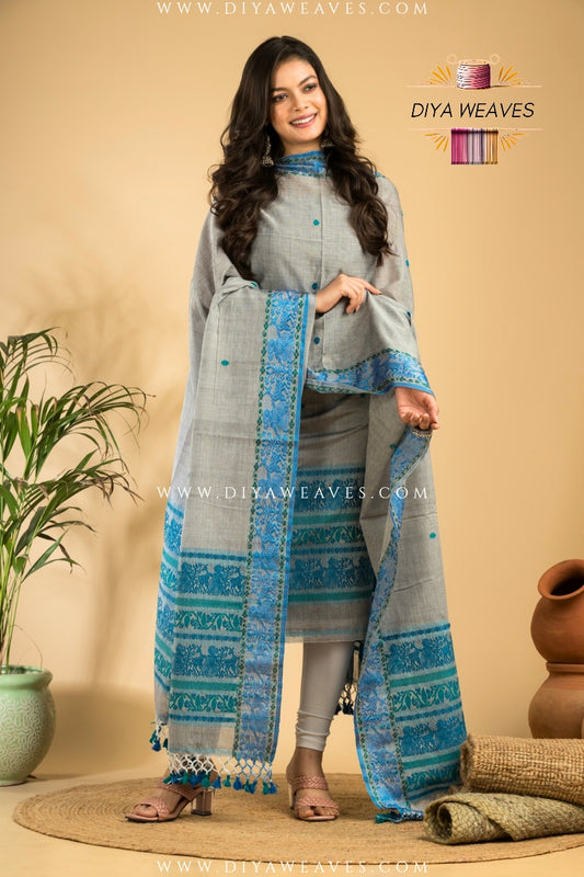 Handwoven Cotton Baluchuri Jamdani 2-Pc Suit Set ( UNSTITCHED )- Stylish Gray
