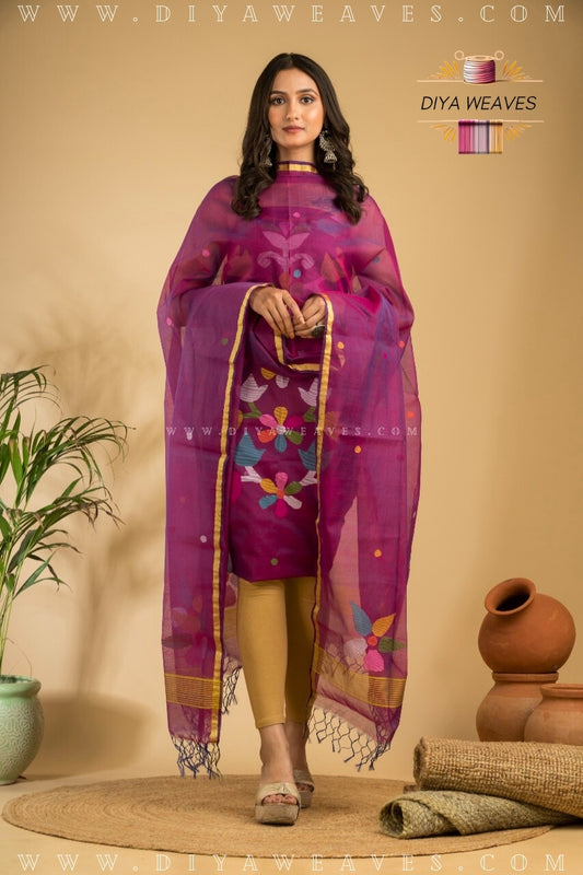 Handwoven Muslin Jamdani Suit Set  Unstitched (2-Piece) - Mejenda Purple