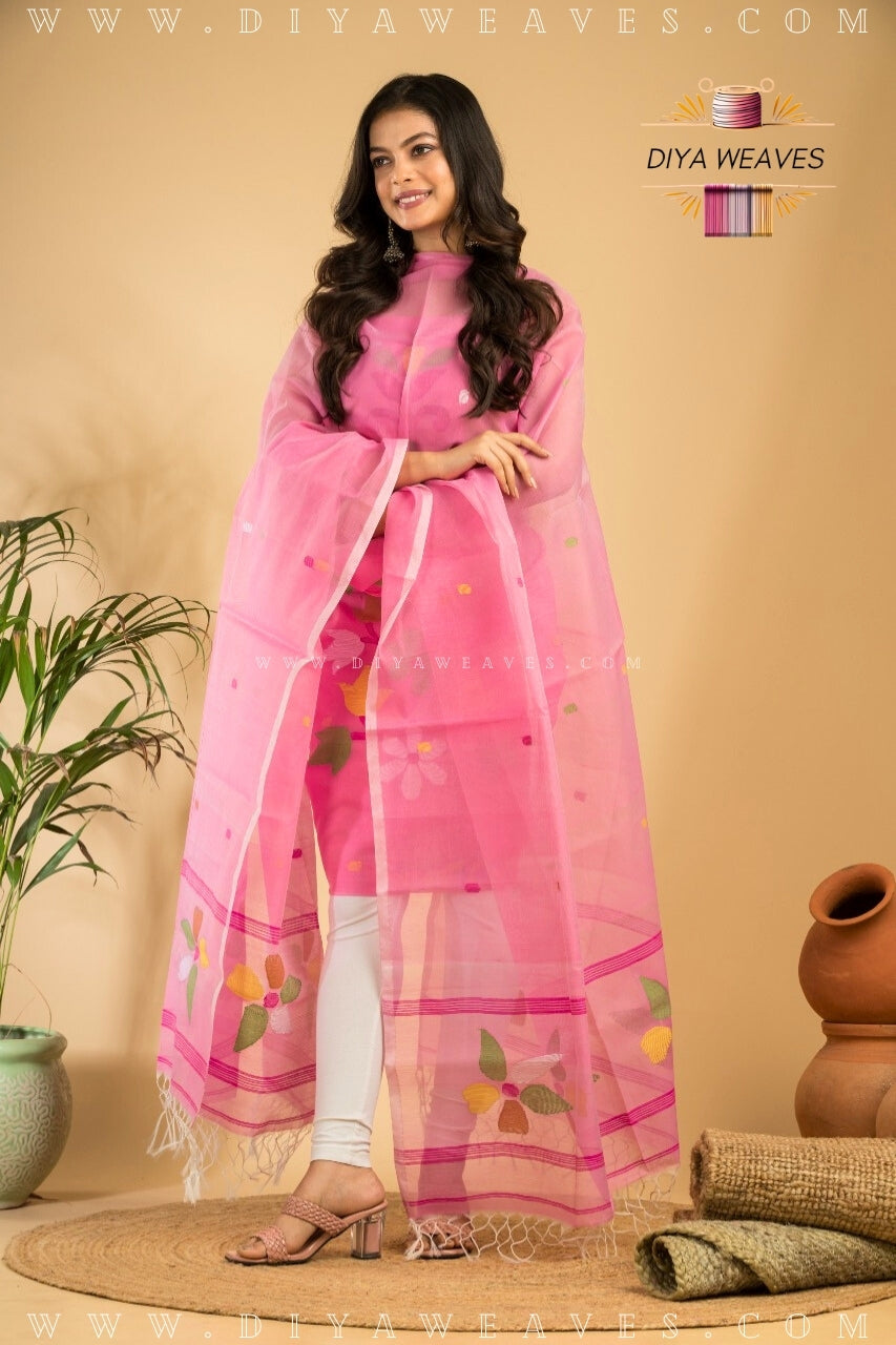 Handwoven Muslin Jamdani Suit Set  Unstitched (2-Piece) - Baby Pink
