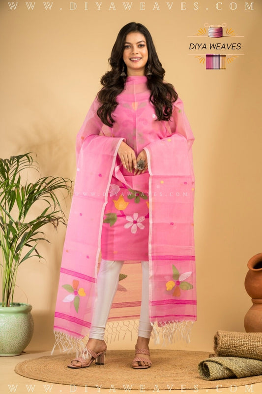 Handwoven Muslin Jamdani Suit Set  Unstitched (2-Piece) - Baby Pink