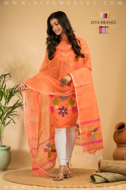 Handwoven Muslin Jamdani Suit Set  Unstitched (2-Piece) - Cool Orange