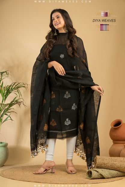 Hand Woven Linen Jamdani Suit 2-PC Set ( UNSTITCHED ) - Gratful Black