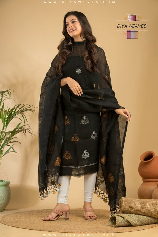 Hand Woven Linen Jamdani Suit 2-PC Set ( UNSTITCHED ) - Gratful Black