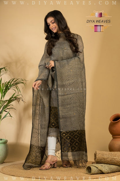 Tissue Lilen Jamdani 2-Pc Suit Set ( UNSTITCHED )- Smokey Grey /Black