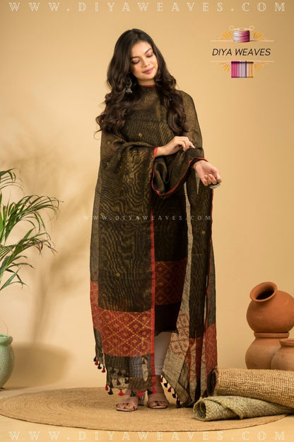 Tissue Lilen Jamdani 2-Pc Suit Set ( UNSTITCHED )-  Element Black / Red