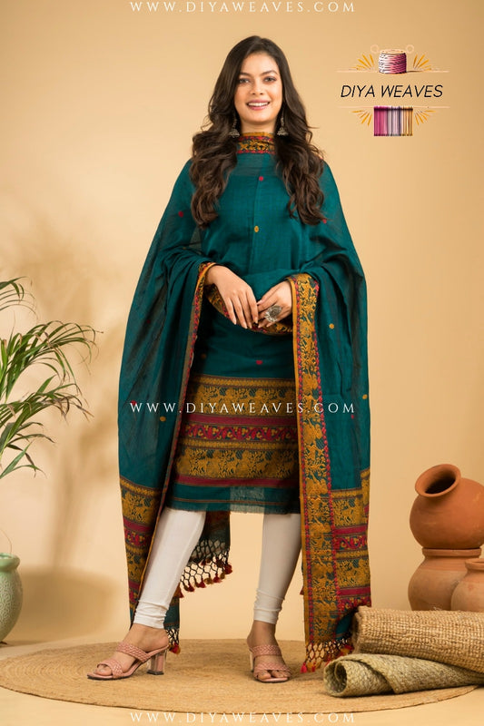 Handwoven Cotton Baluchuri Jamdani 2-Pc Suit Set ( UNSTITCHED )- Teal Green