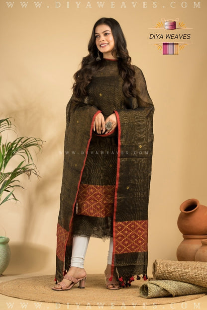 Tissue Lilen Jamdani 2-Pc Suit Set ( UNSTITCHED )-  Element Black / Red