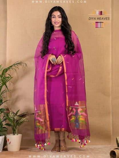 Paithani Jamdani Muslin Suit Set (UNSTITCHED ) - Elegant Purple