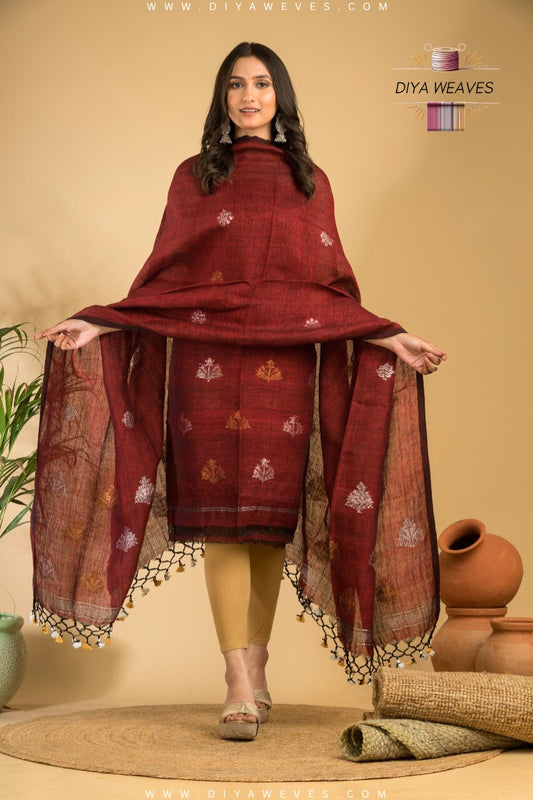 Hand Woven Linen Jamdani Suit 2-PC Set ( UNSTITCHED ) - Elegant Red