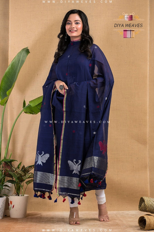 Handwoven Cotton Jamdani 2-Pc Suit Set ( UNSTITCHED )- Royal Blue