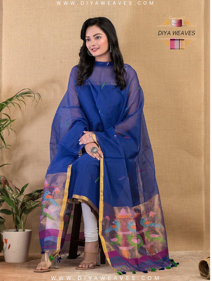 Paithani Jamdani Muslin Suit Set (UNSTITCHED ) - Royal Blue