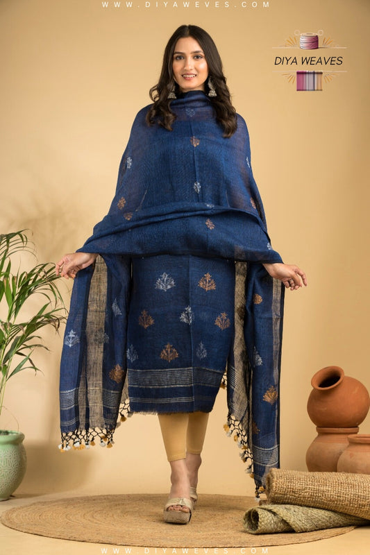 Hand Woven Linen Jamdani Suit 2-PC Set ( UNSTITCHED ) - Clasic Navy Blue